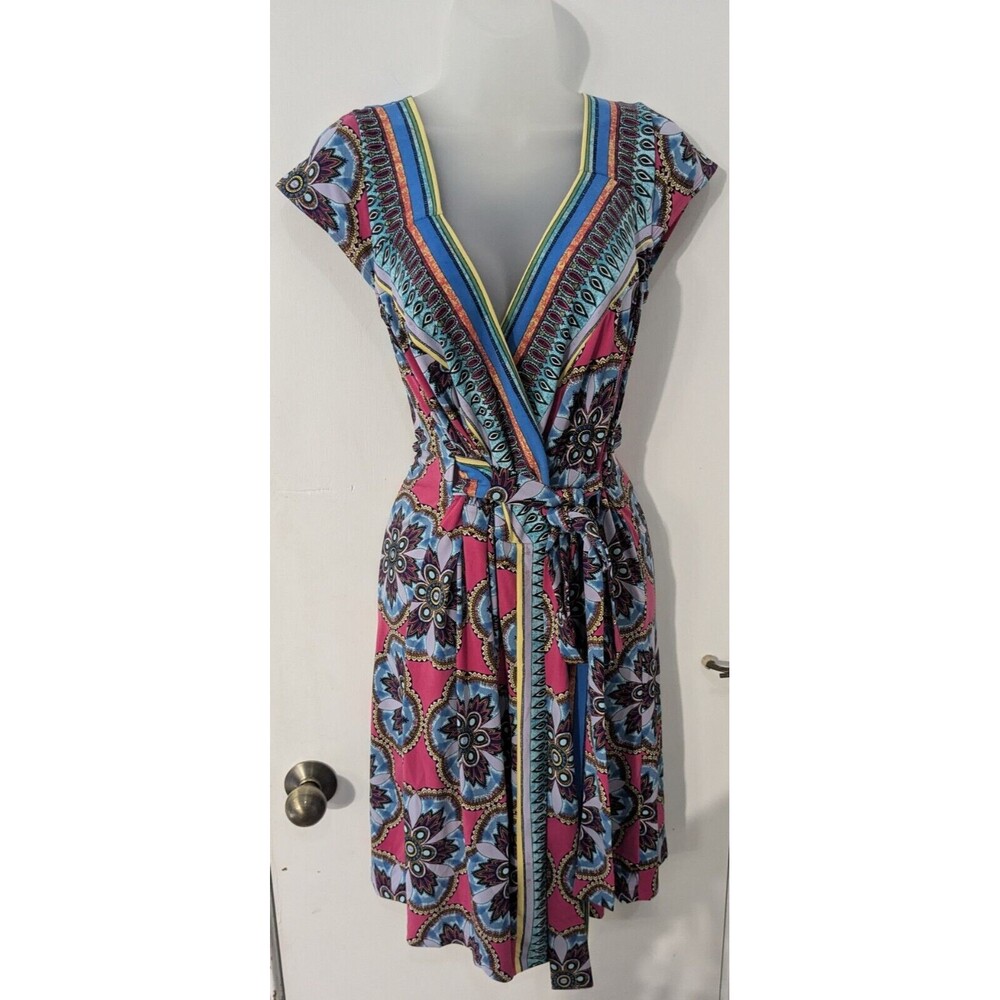 Nicole by Nicole Miller Bright Wrap Cap Sleeve Mandala Pattern Dress M Boho